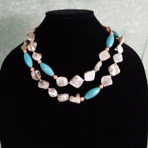 Donna Dressler Turquoise, Mother of Pearl, and Red Coral Necklace Sterling Silve